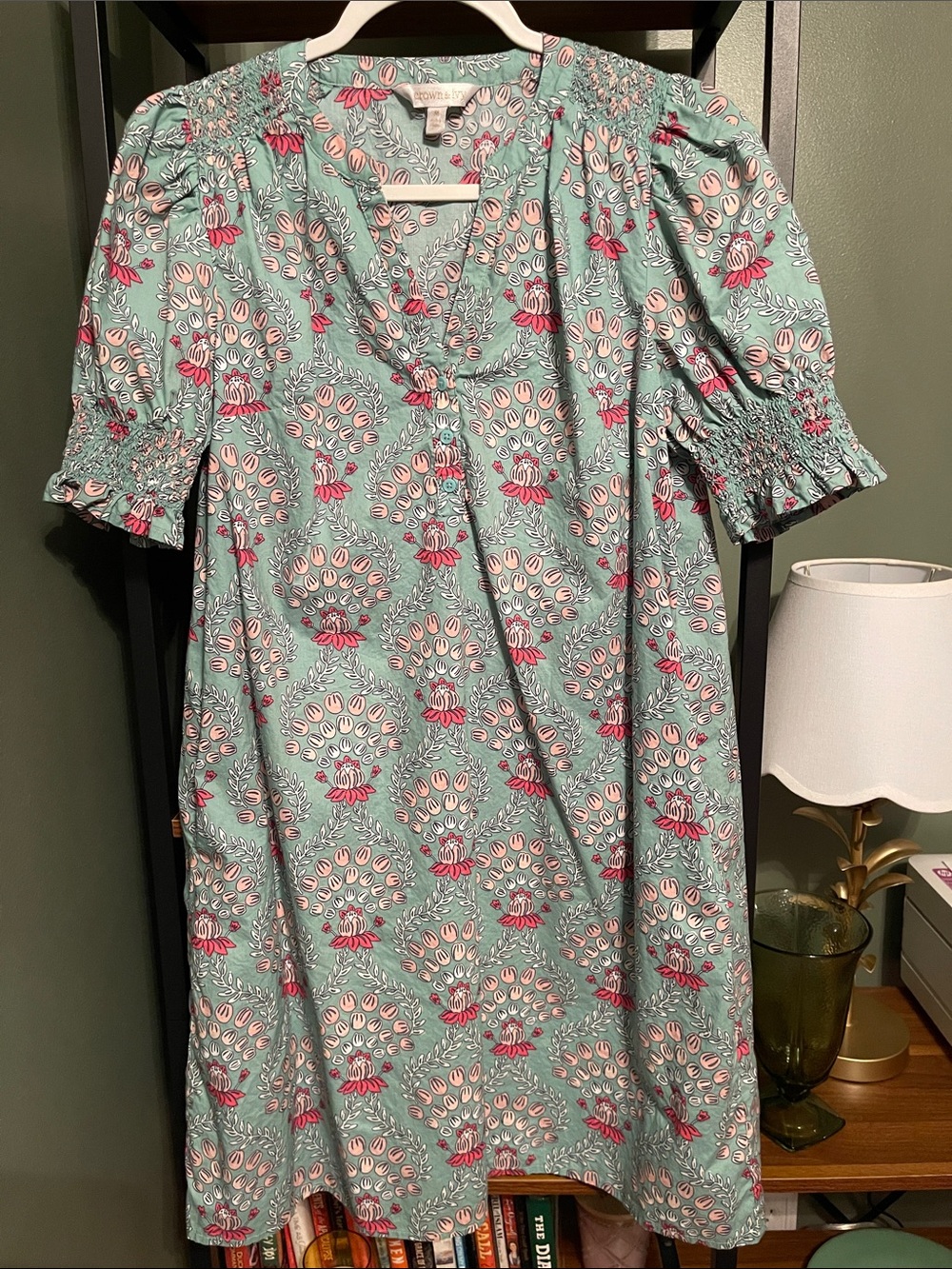 crown & ivy Mint Midi Dress with Pink Floral Motif size medium